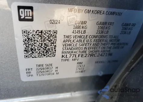 2024 Chevrolet Trax Ls z USA, uszkodzony, nr VIN KL77LFE27RC242196